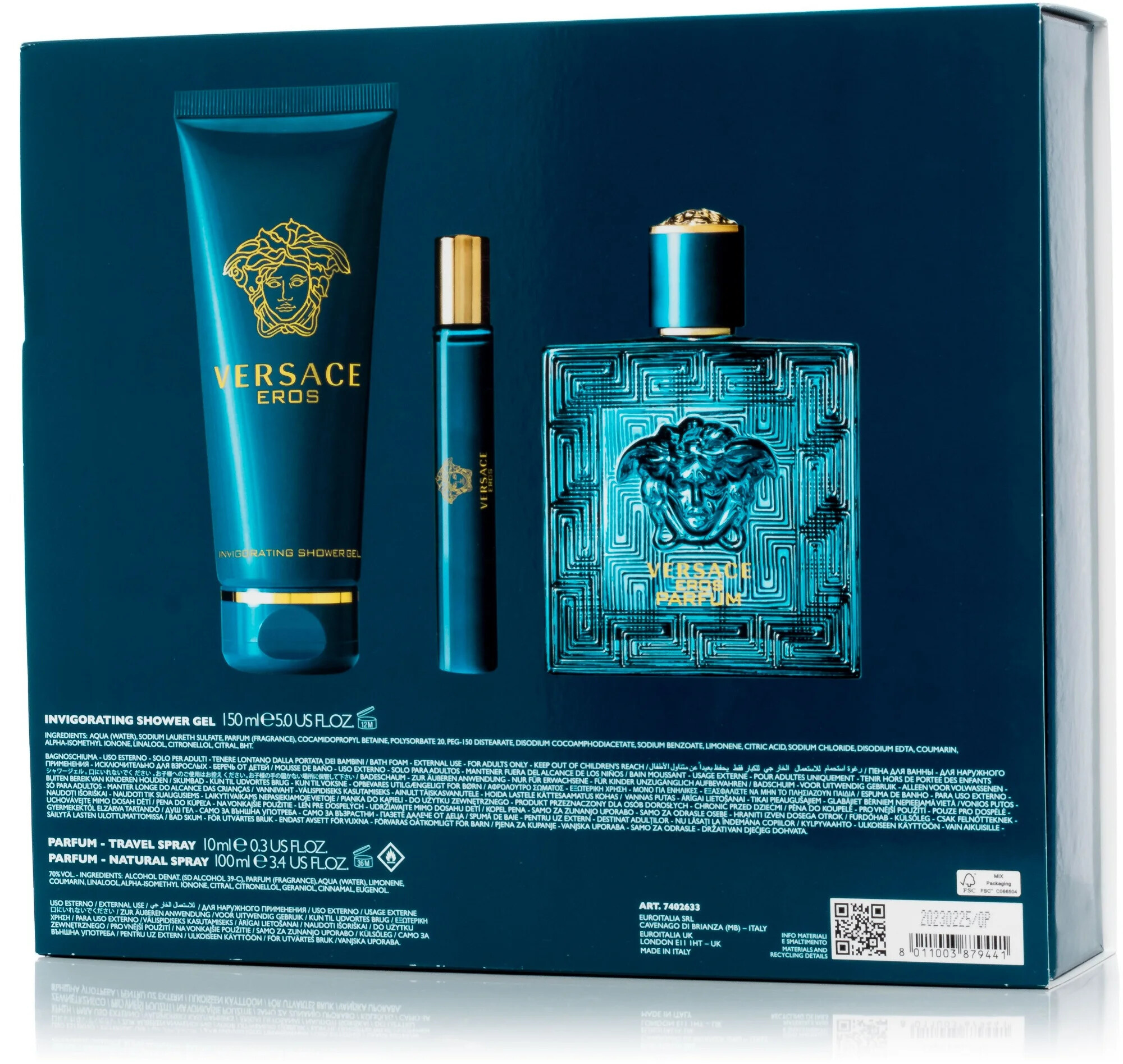 Versace Eros Parfum dárková sada pánská Parfém 100 ml + Parfém 10 ml + Sprchový gel 100 ml